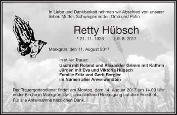 Traueranzeige von Retty Hübsch von Frankenpost