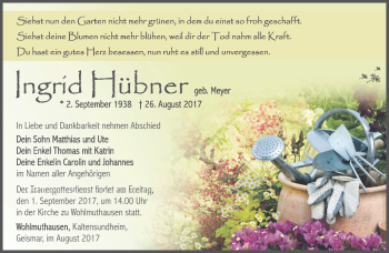 Traueranzeige von Ingrid Hübner von Südthüringer Presse