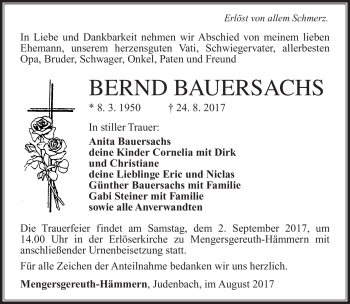 Traueranzeige von Bernd Bauersachs von Südthüringer Presse