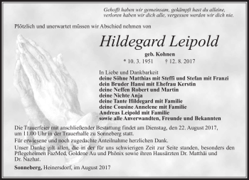 Traueranzeige von Hildegard Leipold von Südthüringer Presse