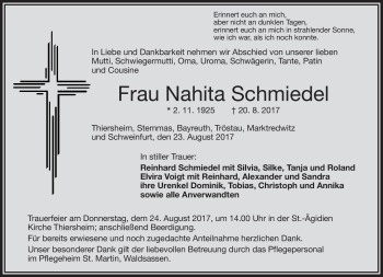 Traueranzeige von Nahita Schmiedel von Frankenpost
