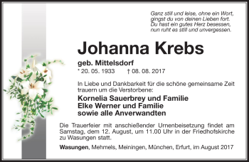 Traueranzeige von Johanna Krebs von Südthüringer Presse