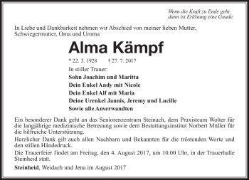 Traueranzeige von Alma Kämpf von Südthüringer Presse