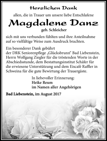 Traueranzeige von Magdalene Danz von Südthüringer Presse