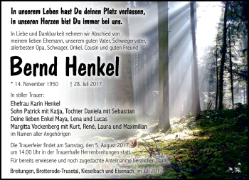 Traueranzeige von Bernd Henkel von Südthüringer Presse