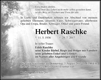 Traueranzeige von Herbert Raschke von Südthüringer Presse