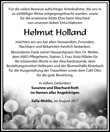 Traueranzeige von Helmut Holland von Südthüringer Presse