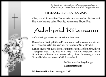Traueranzeige von Adelheid Ritzmann von Südthüringer Presse