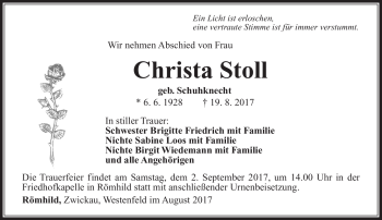 Traueranzeige von Christa Stoll von Südthüringer Presse