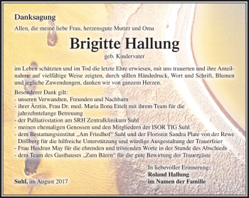 Traueranzeige von Brigitte Hallung von Südthüringer Presse
