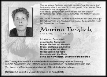 Traueranzeige von Marina Behlick von Südthüringer Presse