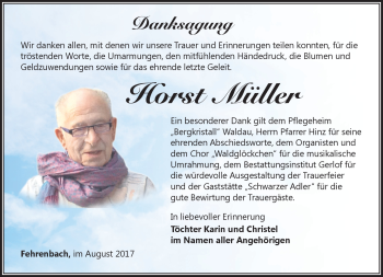 Traueranzeige von Horst Müller von Südthüringer Presse