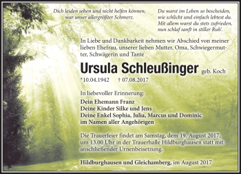 Traueranzeige von Ursula Schleußinger von Südthüringer Presse