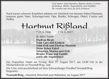 Traueranzeige von Hartmut Rißland von Südthüringer Presse