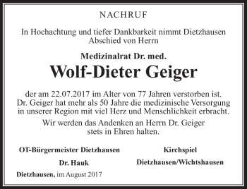 Traueranzeige von Wolf-Dieter Geiger von Südthüringer Presse