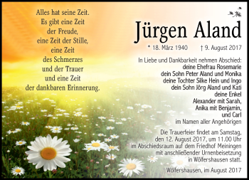 Traueranzeige von Jürgen Aland von Südthüringer Presse