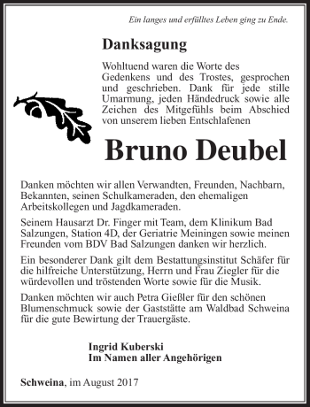 Traueranzeige von Bruno Deubel von Südthüringer Presse