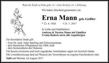 Traueranzeige von Erna Mann von Südthüringer Presse