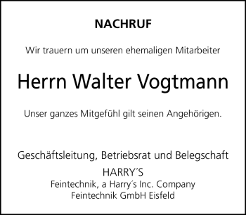 Traueranzeige von Walter Vogtmann von Südthüringer Presse