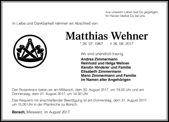Traueranzeige von Matthias Wehner von Südthüringer Presse