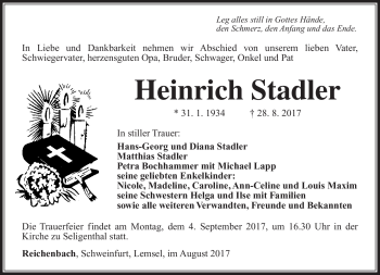 Traueranzeige von Heinrich Stadler von Südthüringer Presse