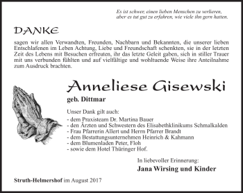Traueranzeige von Anneliese Gisewski von Südthüringer Presse