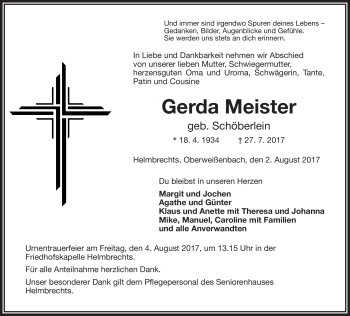 Traueranzeige von Gerda Meister von Frankenpost