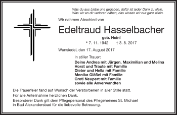 Traueranzeige von Edeltraud Hasselbacher von Frankenpost