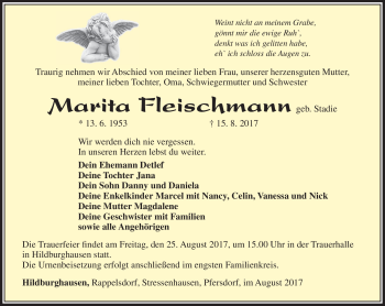 Traueranzeige von Marita Fleischmann von Südthüringer Presse
