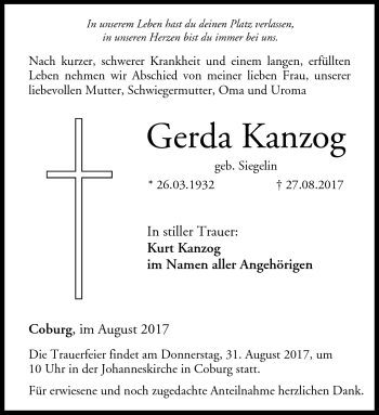 Traueranzeige von Gerda Kanzog von Neue Presse Coburg