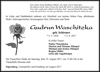 Traueranzeige von Gudrun Waschitzka von Südthüringer Presse