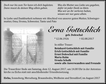 Traueranzeige von Erna Gottschlich von Südthüringer Presse