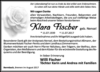 Traueranzeige von Klara Fischer von Südthüringer Presse