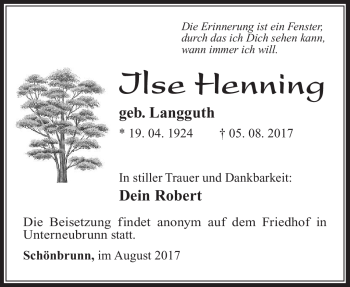 Traueranzeige von Ilse Henning von Südthüringer Presse