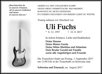 Traueranzeige von Uli Fuchs von Südthüringer Presse