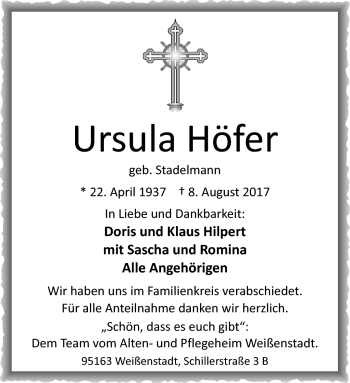 Traueranzeige von Ursula Höfer von Frankenpost