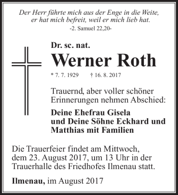 Traueranzeige von Werner Roth von Südthüringer Presse