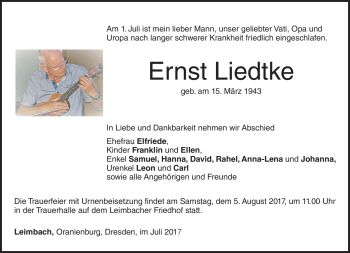 Traueranzeige von Ernst Liedtke von Südthüringer Presse
