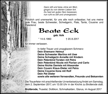 Traueranzeige von Beate Eck von Südthüringer Presse