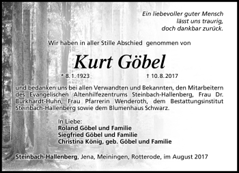Traueranzeige von Kurt Göbel von Südthüringer Presse