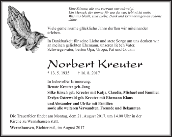 Traueranzeige von Norbert Kreuter von Südthüringer Presse