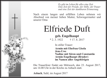 Traueranzeige von Elfriede Duft von Südthüringer Presse