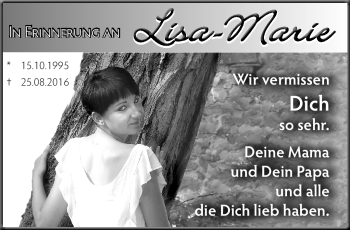 Traueranzeige von Lisa-Marie Marr von Südthüringer Presse