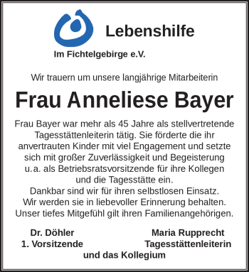 Traueranzeige von Anneliese Bayer von Frankenpost