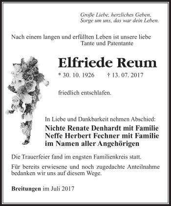 Traueranzeige von Elfriede Reum von Südthüringer Presse