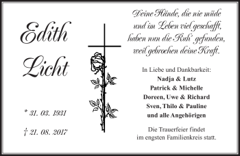 Traueranzeige von Edith Licht von Südthüringer Presse