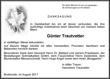 Traueranzeige von Günter Trautvetter von Südthüringer Presse