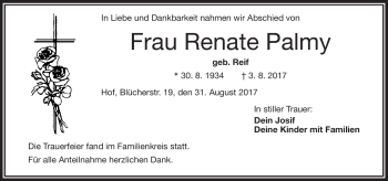 Traueranzeige von Renate Palmy von Frankenpost