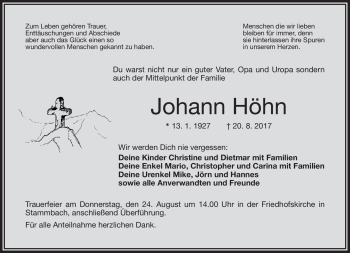 Traueranzeige von Johann Höhn von Frankenpost
