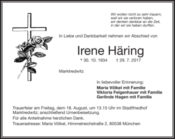 Traueranzeige von Irene Häring von Frankenpost